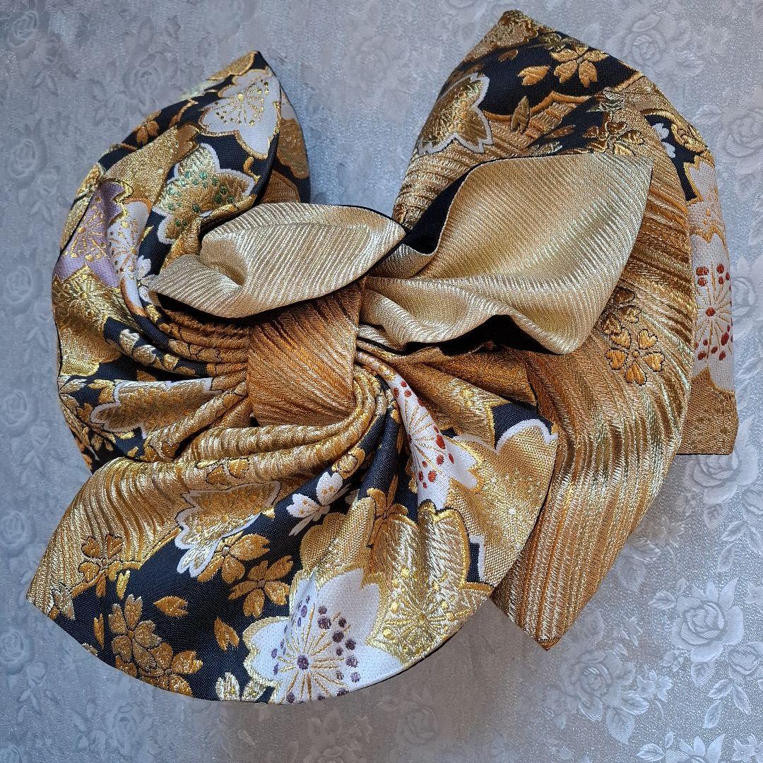 【K759】時短！ニ部式 作り帯 振袖⋅舞台⋅舞踊に　正絹　金&黒　刺繍豪華