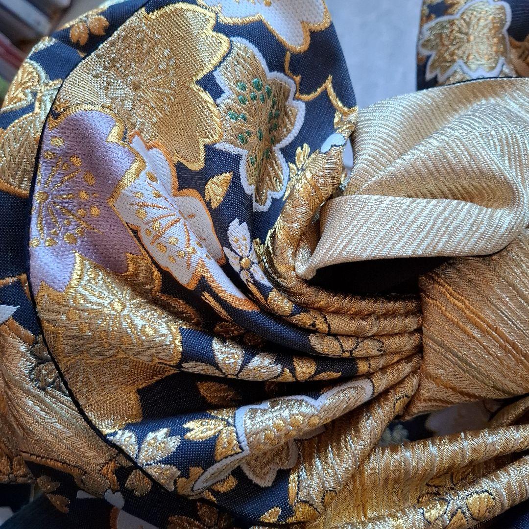 【K759】時短！ニ部式 作り帯 振袖⋅舞台⋅舞踊に　正絹　金&黒　刺繍豪華