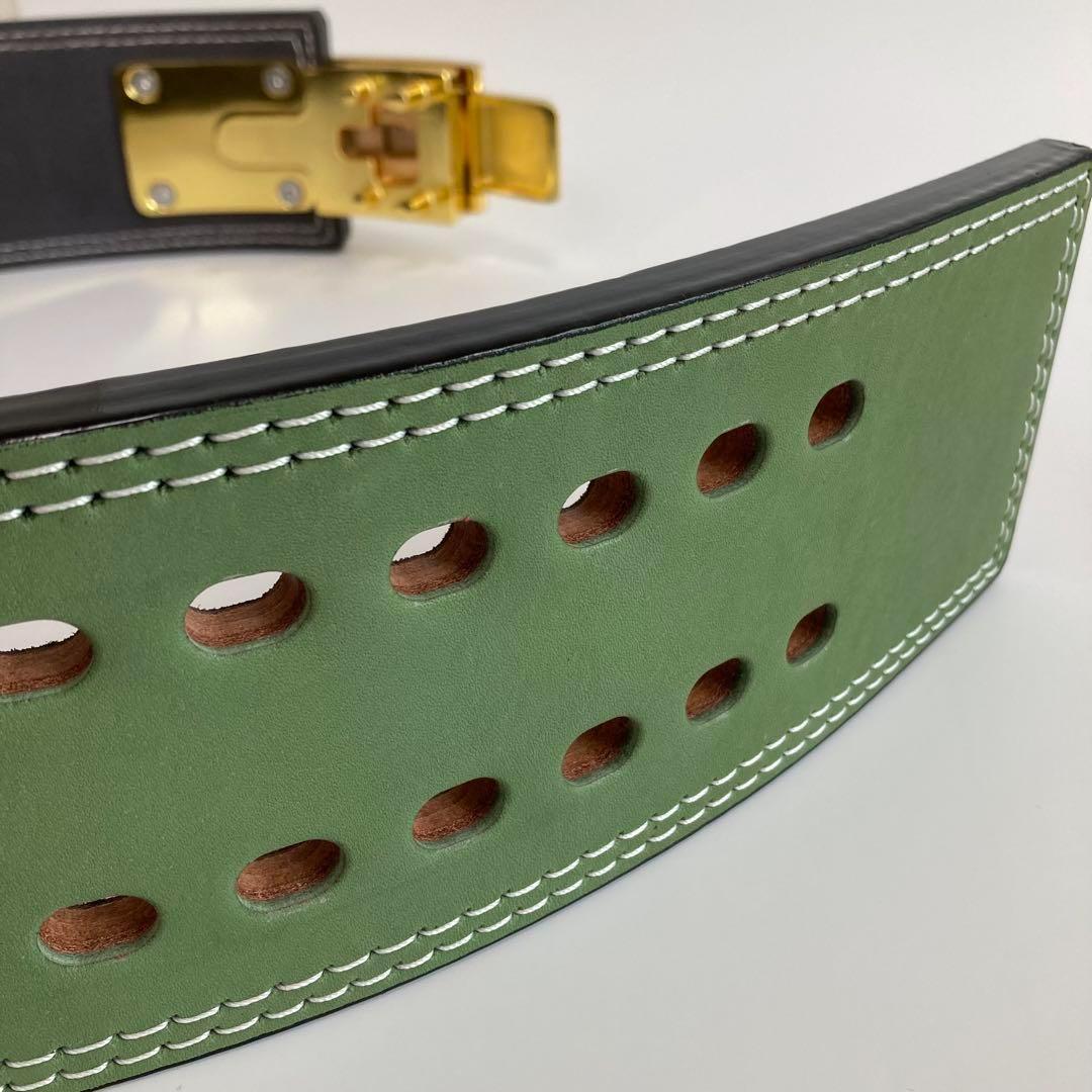 パワーベルト Sサイズ ワンタッチ可変式 本革100％ 緑×ゴールド レバー