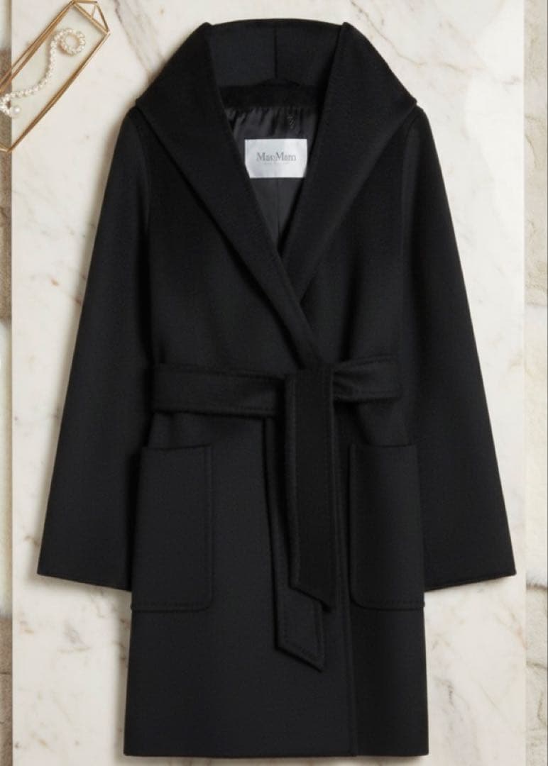 MAX MARAリアルトキャメル 100% フーデット コート - Black