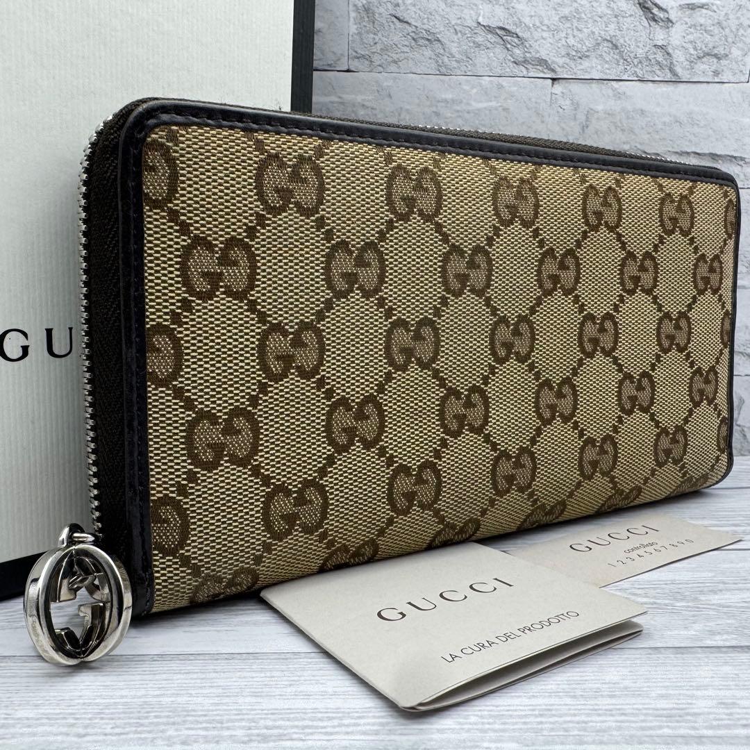 【美品】GUCCI 長財布 　GG柄　キャンバス　ラウンドファスナー ブラウン