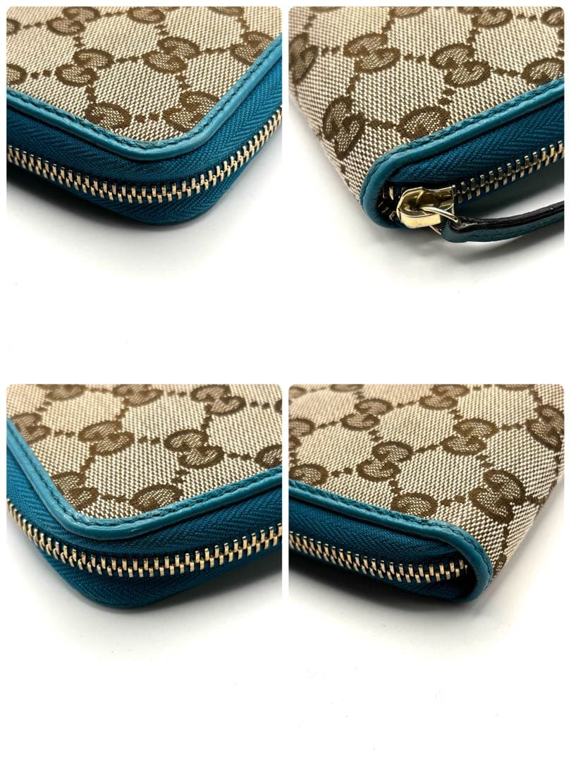 グッチ 長財布 GG キャンバス ターコイズ ブルー ラウンドファスナー