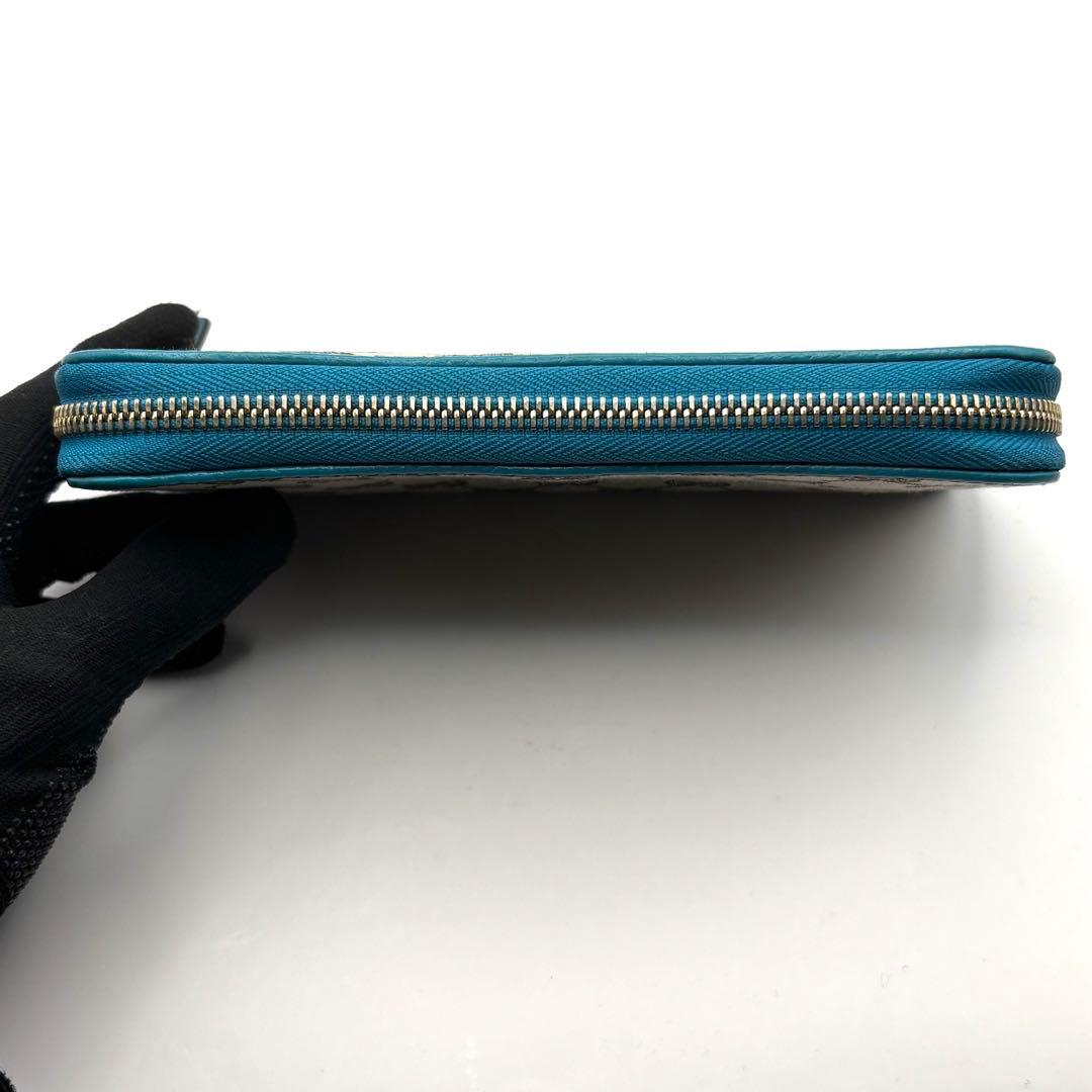 グッチ 長財布 GG キャンバス ターコイズ ブルー ラウンドファスナー
