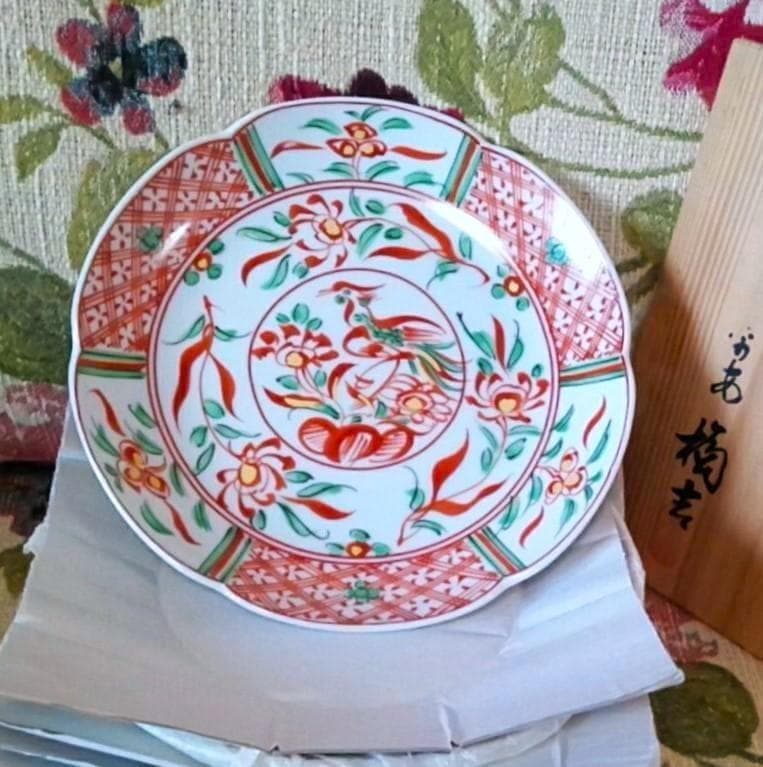 新品木箱入5点 たち吉 赤絵金彩花鳥輪花皿 鳳凰