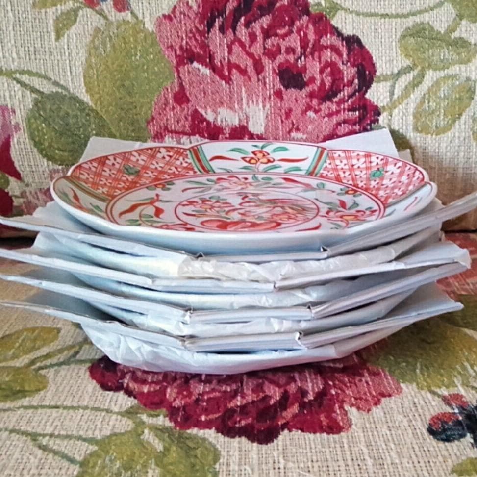 新品木箱入5点 たち吉 赤絵金彩花鳥輪花皿 鳳凰