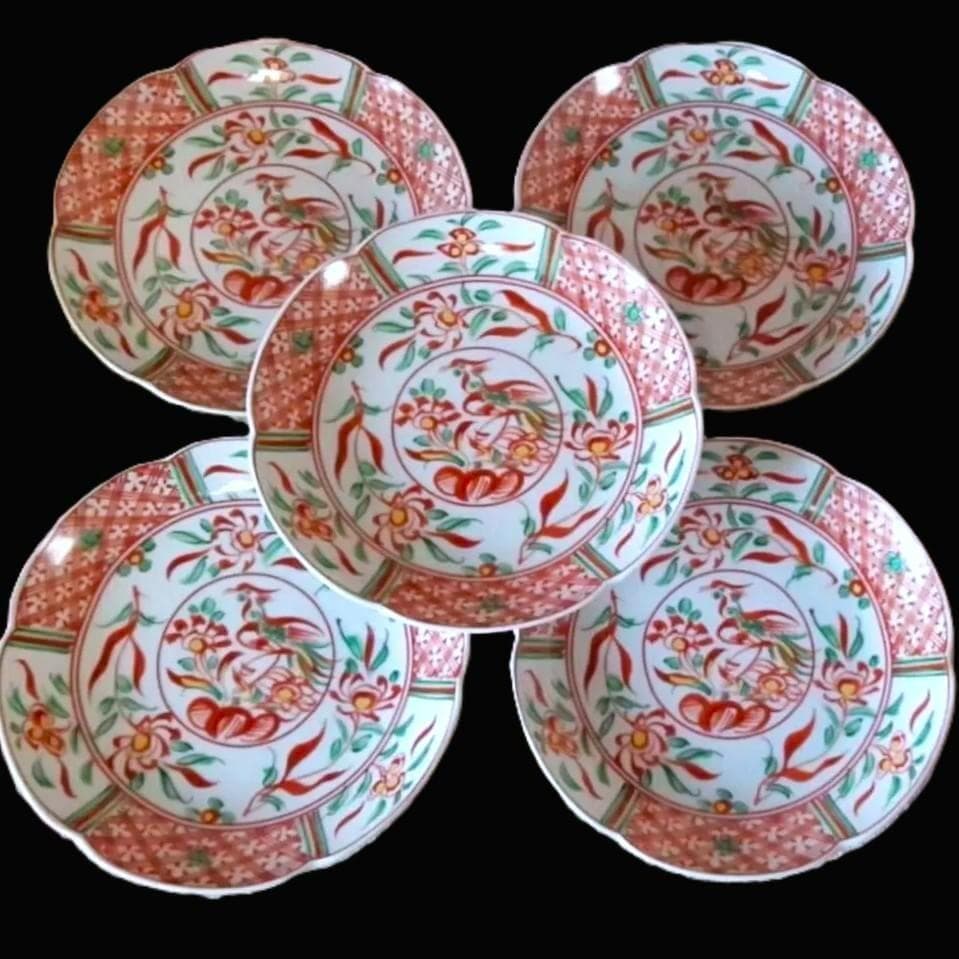 新品木箱入5点 たち吉 赤絵金彩花鳥輪花皿 鳳凰