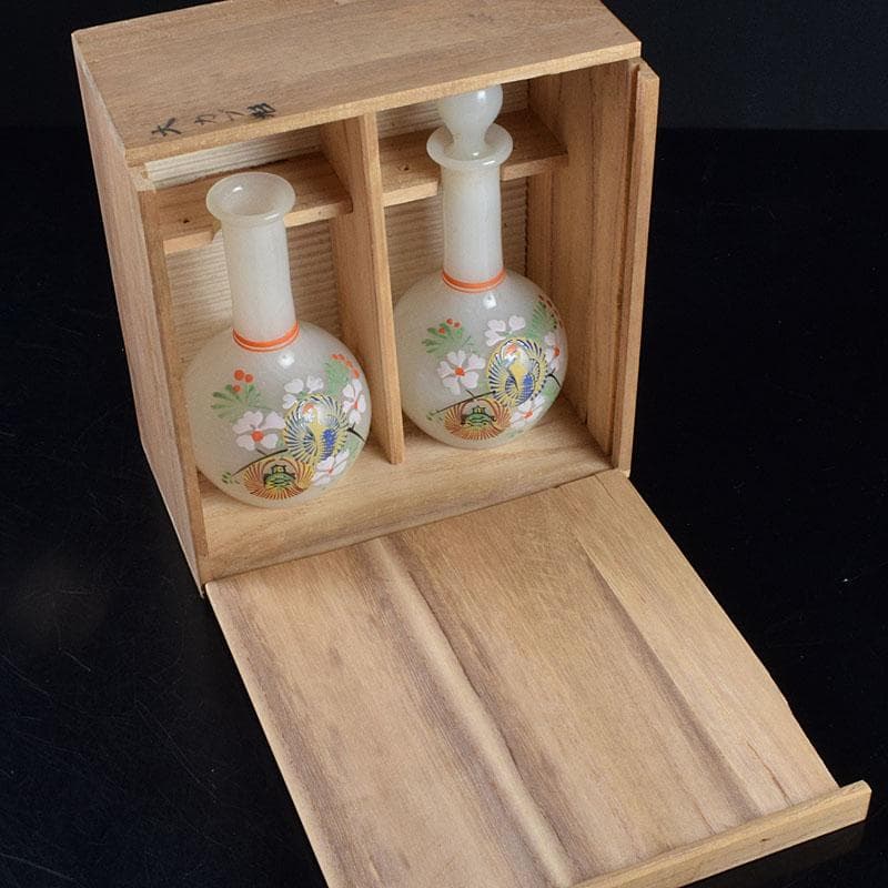 ガラス工芸　鶴亀図　雛徳利　一對　時代箱　縁起物　V　R8928