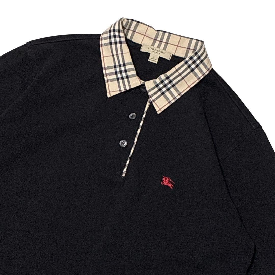 【美品】バーバリーロンドン ポロシャツ 半袖 ノヴァチェック 刺繍ロゴ 黒 L