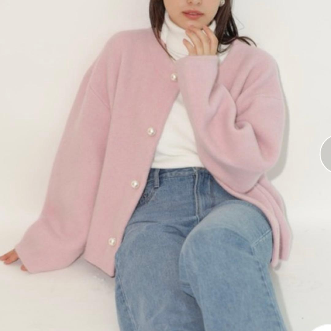 Rirandture パール釦コクーンニットジャケット ピンク　S ウール