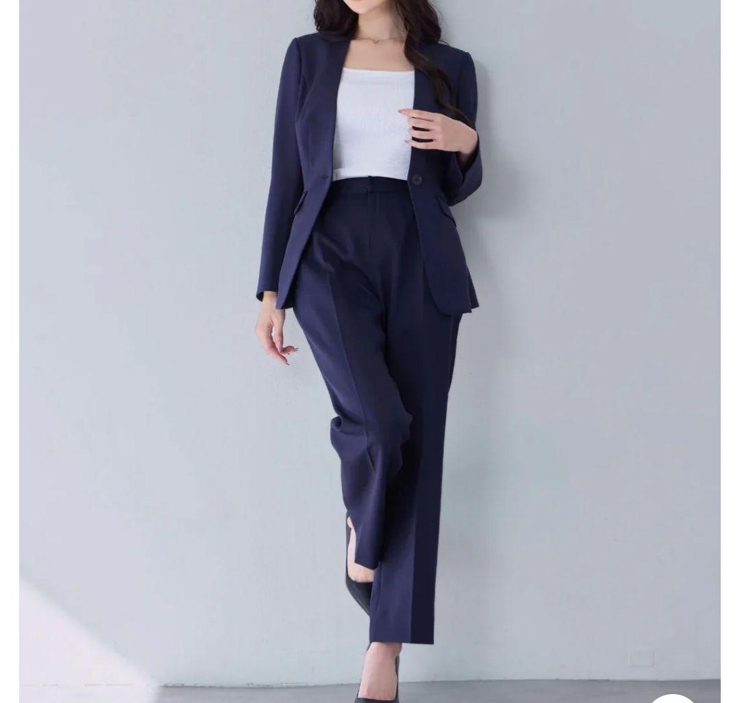 overE U65 ノーカラーハイストレッチジョーゼットジャケット パンツセット