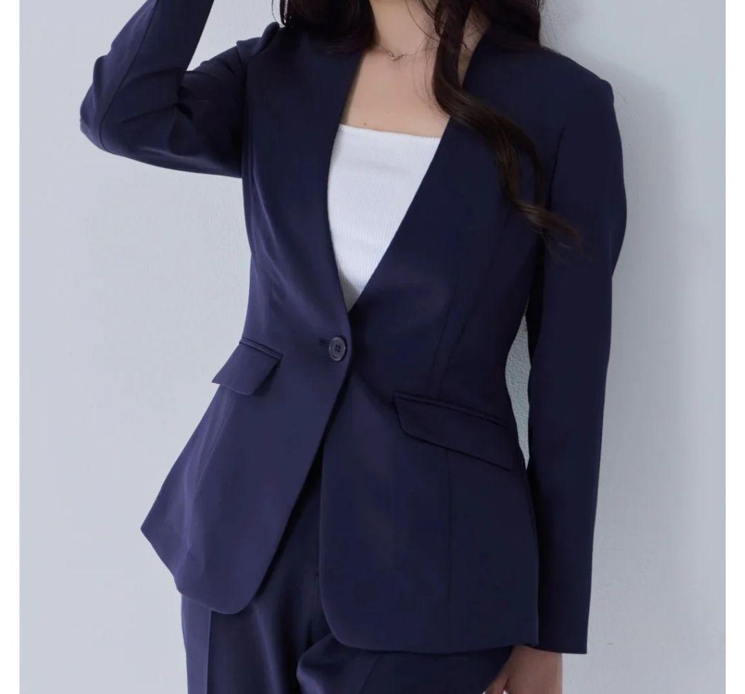 overE U65 ノーカラーハイストレッチジョーゼットジャケット パンツセット