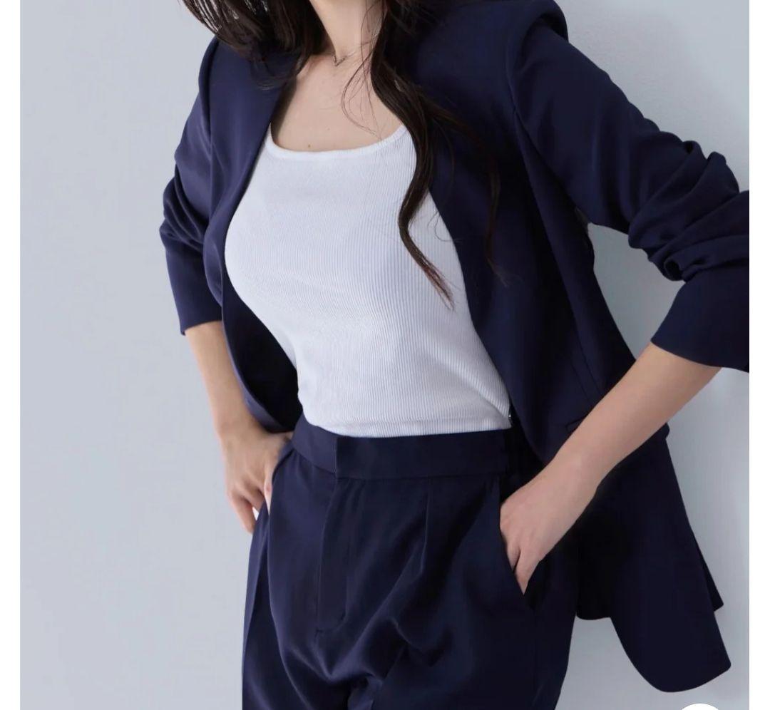 overE U65 ノーカラーハイストレッチジョーゼットジャケット パンツセット