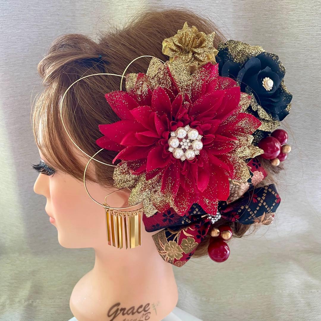 赤黒金　和装髪飾り　成人式髪飾り　振袖髪飾り　卒業式髪飾り　袴髪飾り　卒業式髪飾