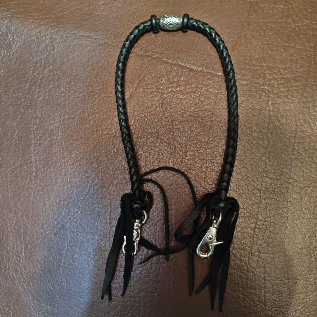 ブラック編み込みレザーウォレットチェーン　ビッグツイン