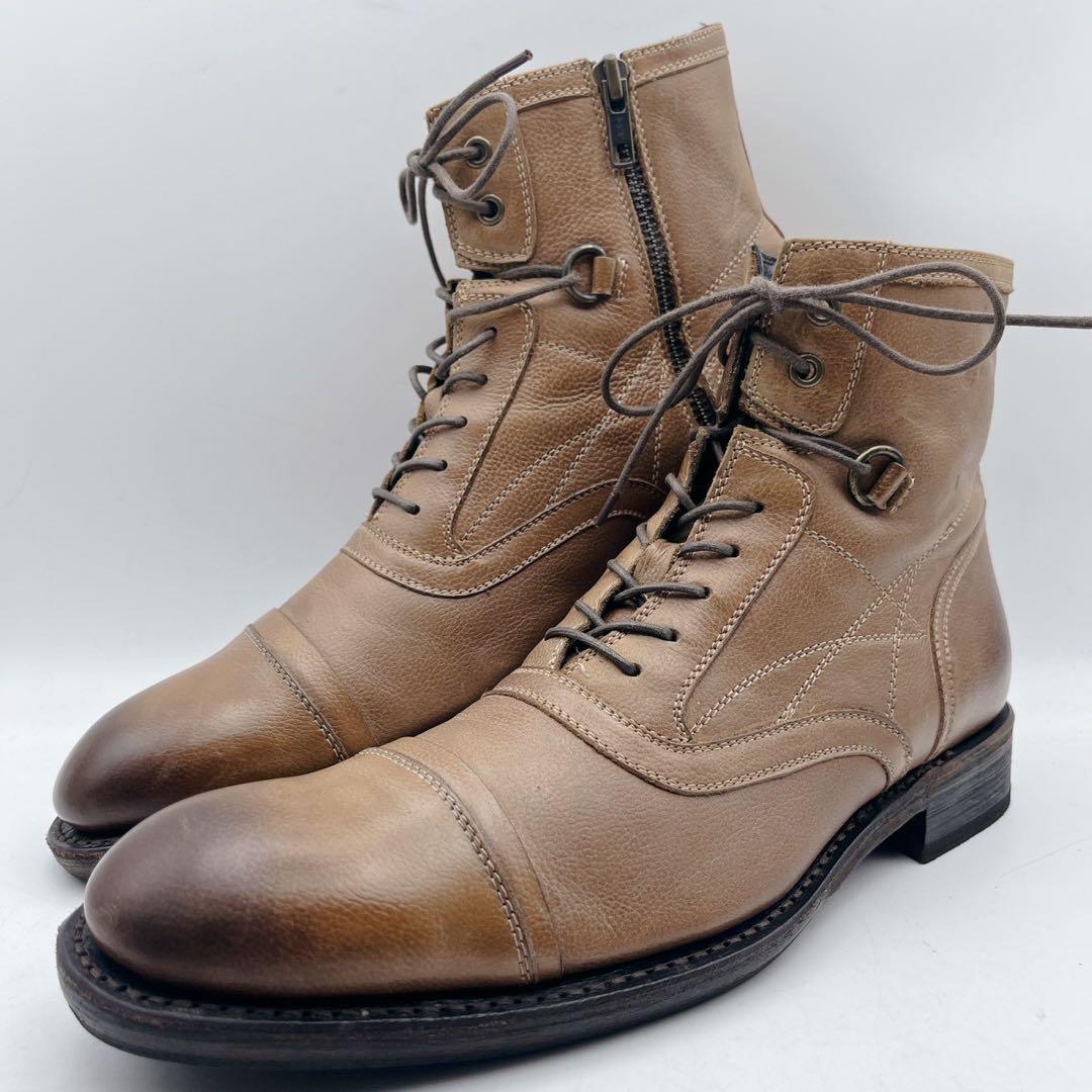 フープディドゥ ストレートチップ サイドジップ レースアップブーツ 茶 40