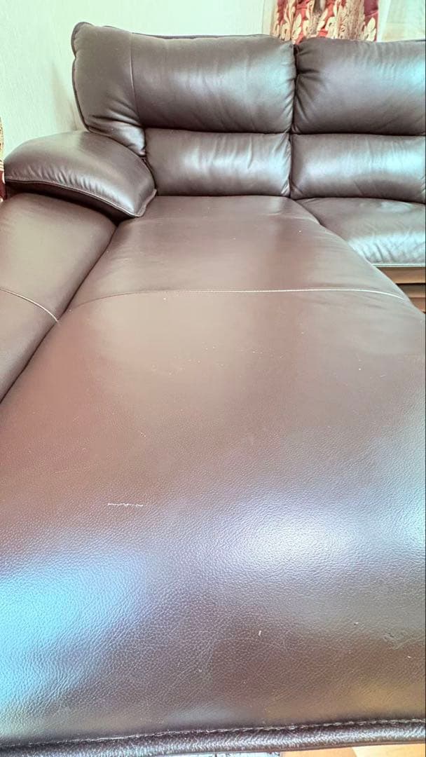 ニトリソファー　本革　L字カウチソファ／レザー調 ダークブラウン　コナーソファー