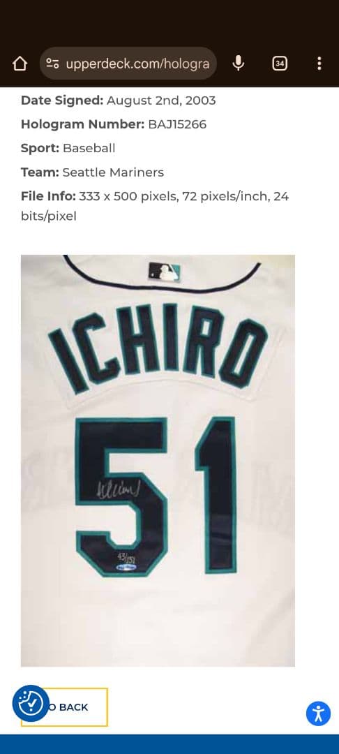 イチロー サイン入り オーセンティックユニフォーム　151限定upperdeck