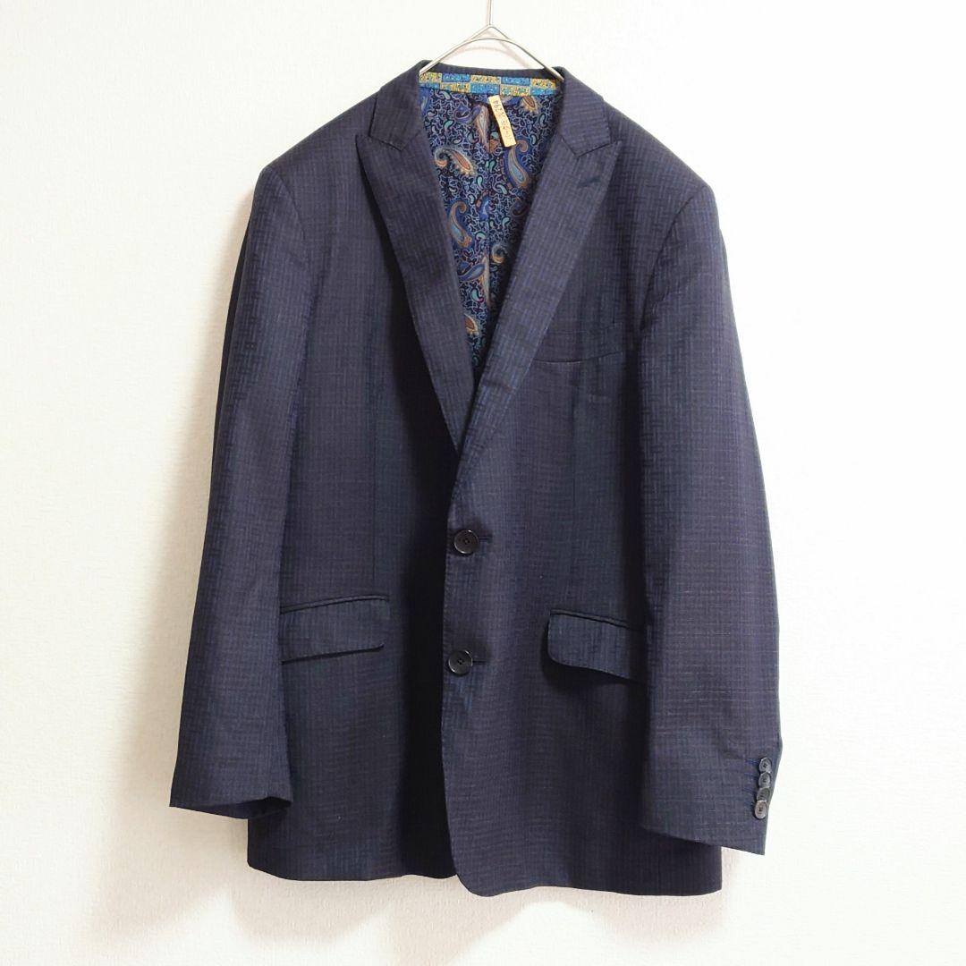 ★f エトロ シルク メンズ ジャケット ネイビー チェック ペイズリー イタリ