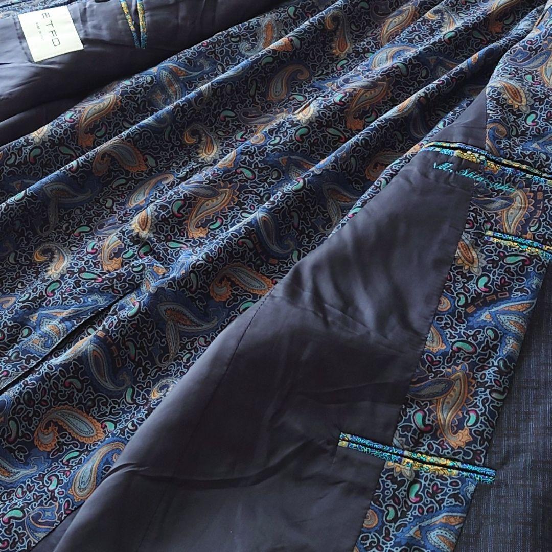 ★f エトロ シルク メンズ ジャケット ネイビー チェック ペイズリー イタリ