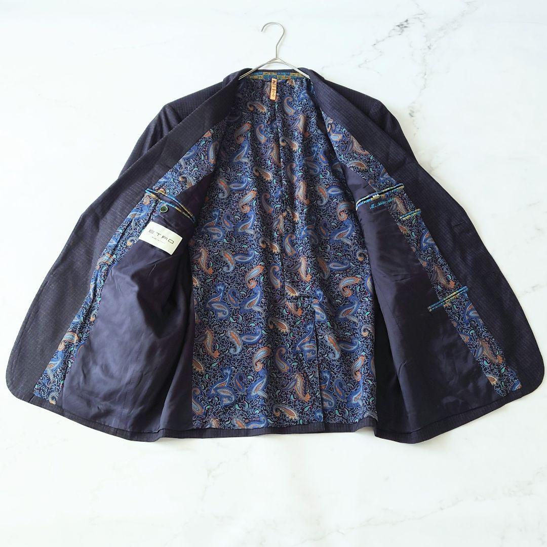 ★f エトロ シルク メンズ ジャケット ネイビー チェック ペイズリー イタリ