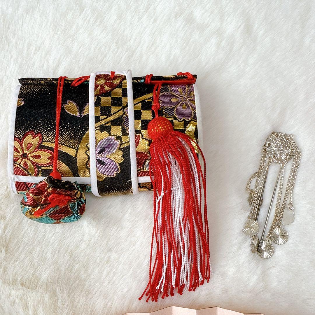 七五三　はこせこセット　黒×ゴールド　作り帯　草履21.0cm