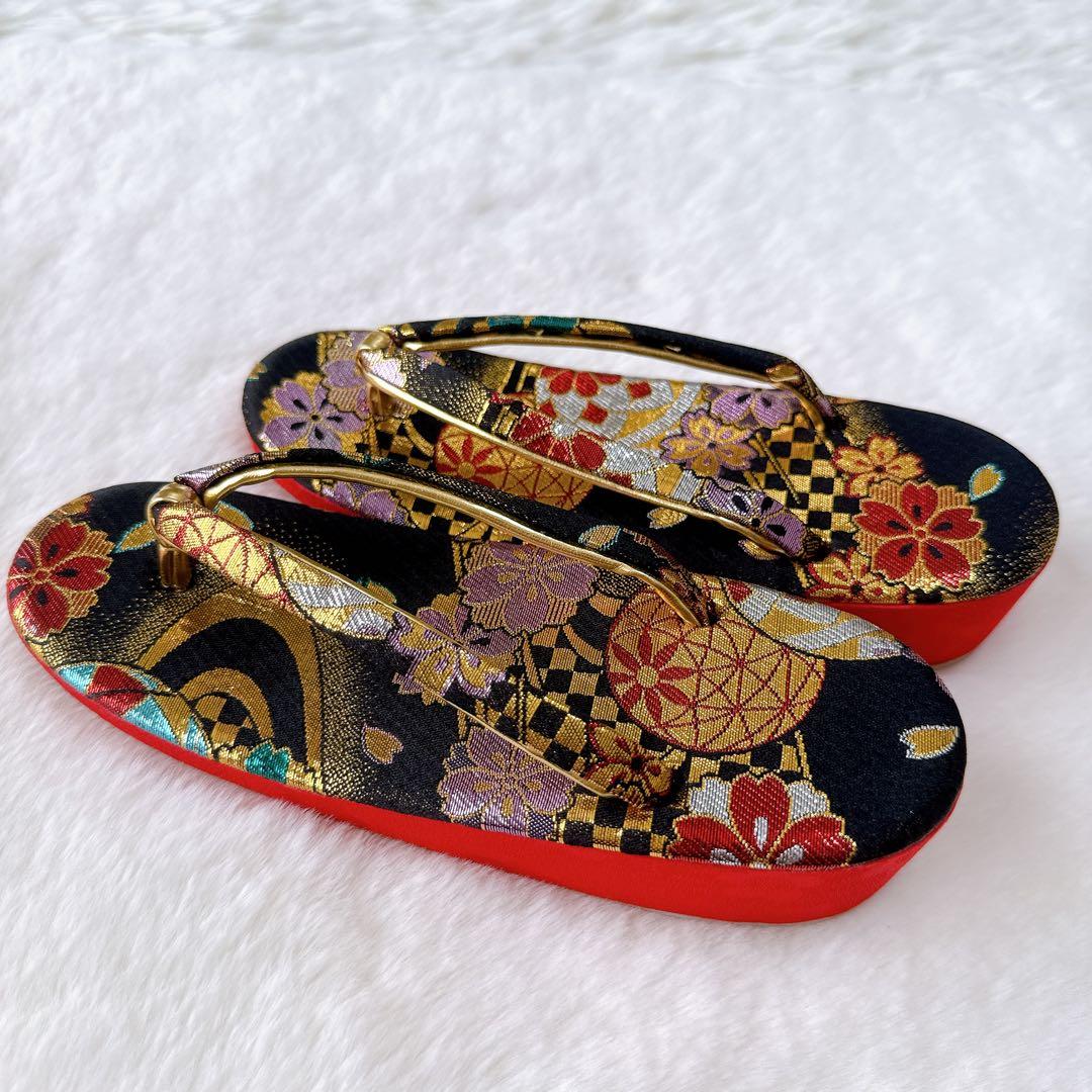 七五三　はこせこセット　黒×ゴールド　作り帯　草履21.0cm