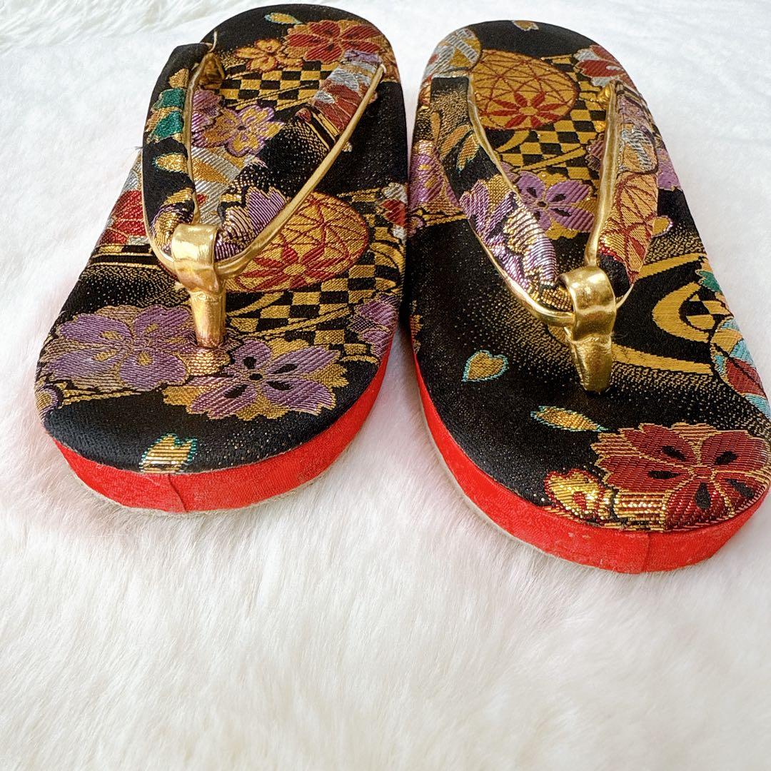 七五三　はこせこセット　黒×ゴールド　作り帯　草履21.0cm