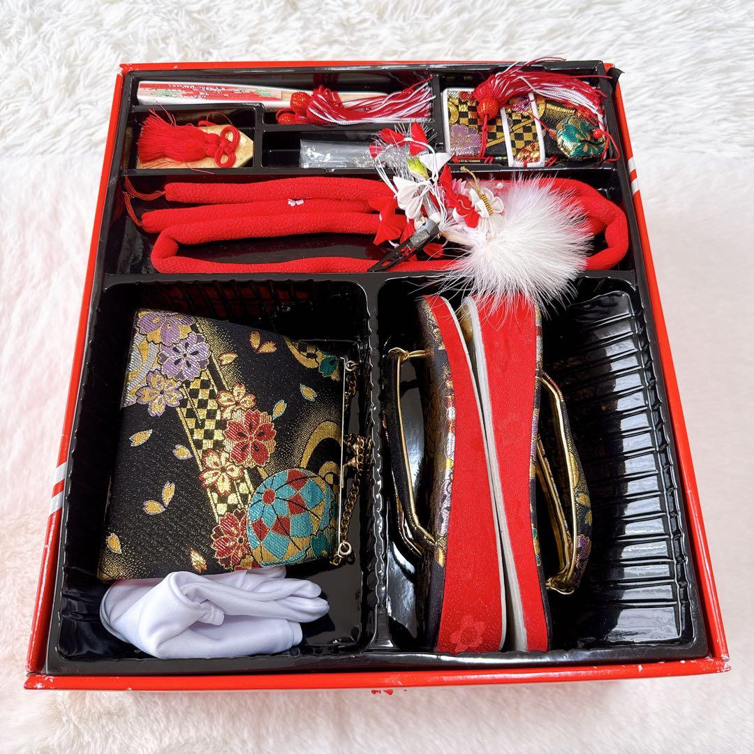 七五三　はこせこセット　黒×ゴールド　作り帯　草履21.0cm