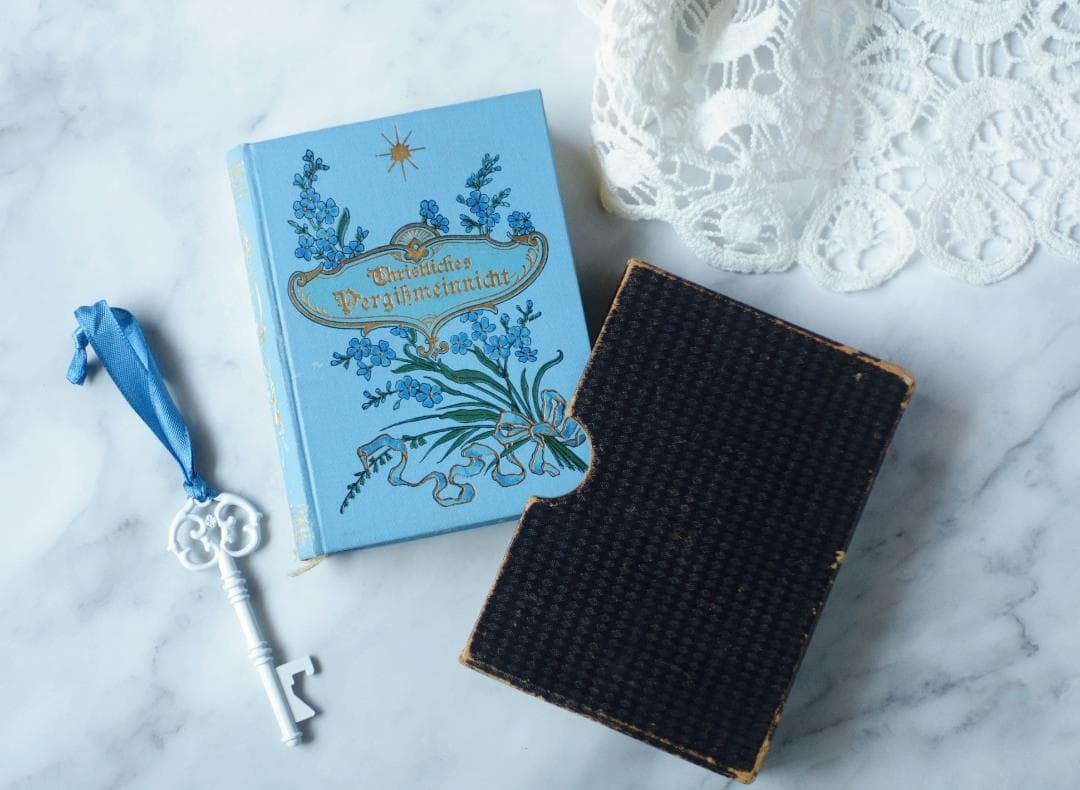 ドイツ 古書 アンティーク 勿忘草のメモリアルブック 青 洋書 希少 レア