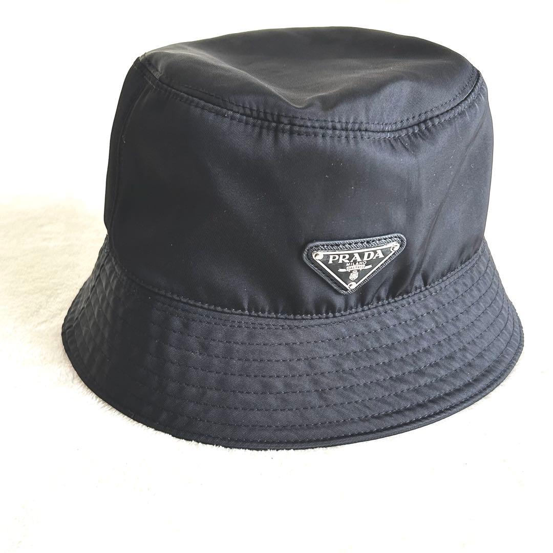 美品 PRADA プラダ バケットハット ロゴ トライアングル ブラックM