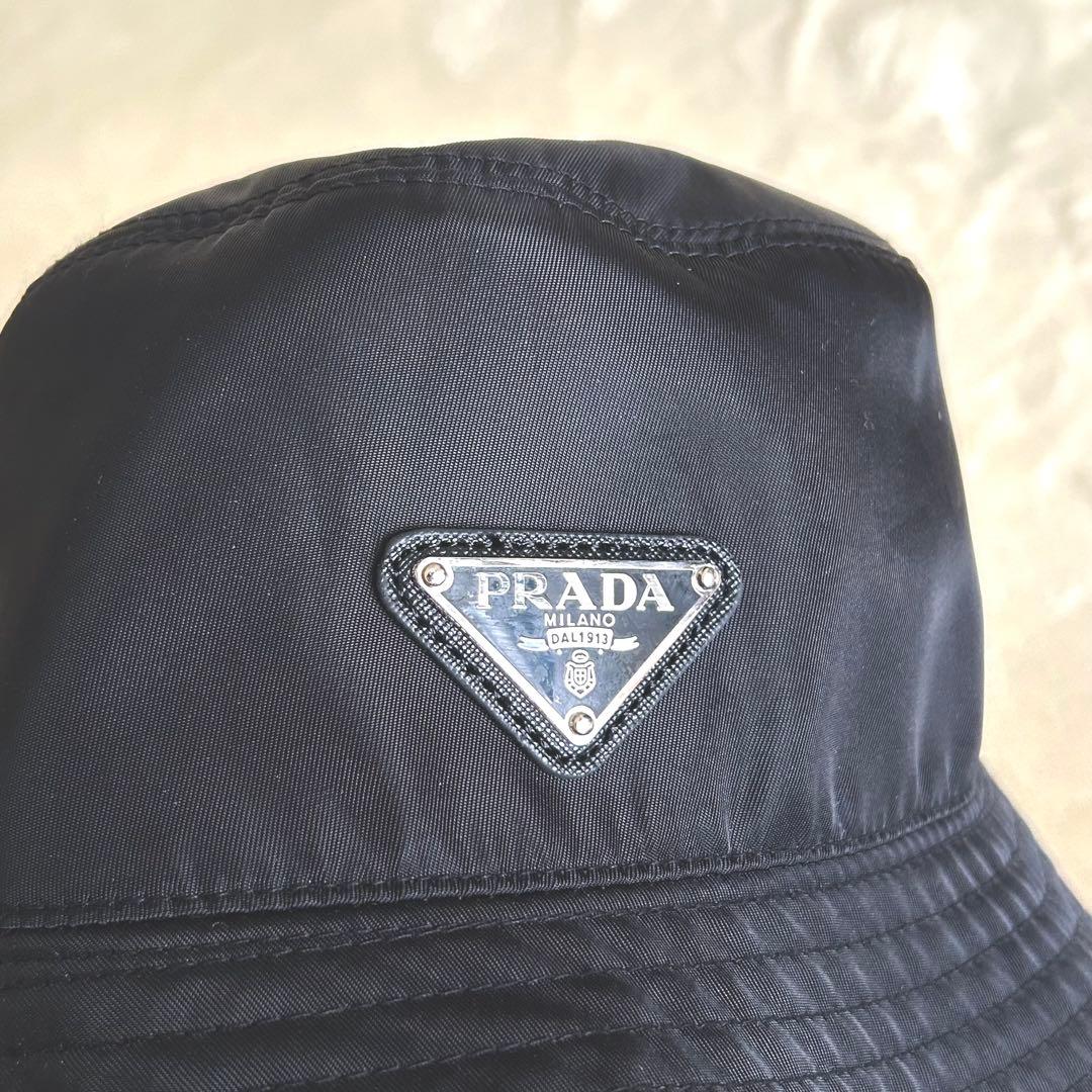 美品 PRADA プラダ バケットハット ロゴ トライアングル ブラックM