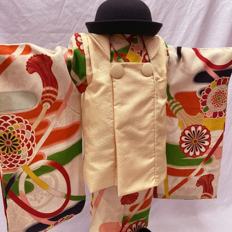 508ag76◎七五三 三歳 女の子 アンティーク着物&被布 レトロ 淡素色◎
