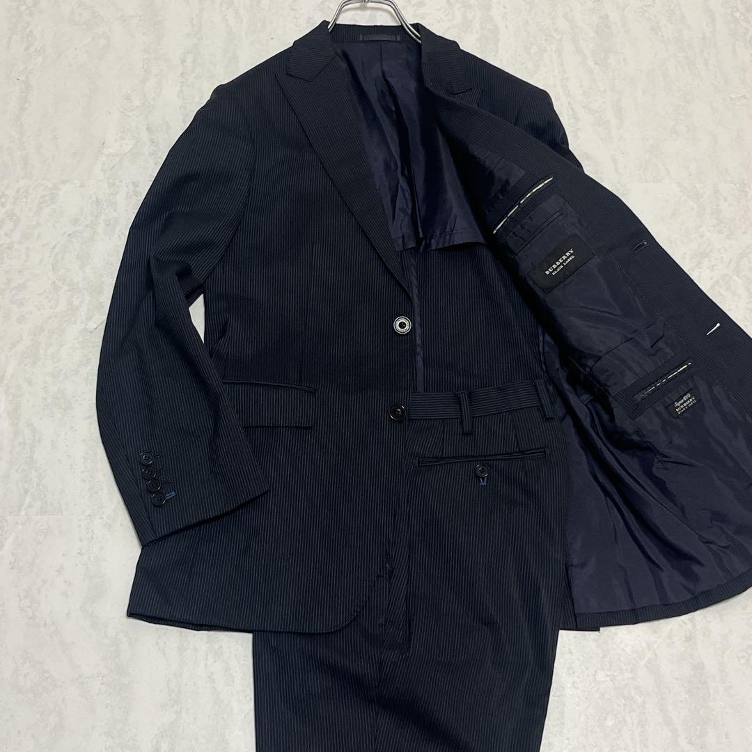 美品『バーバリーブラックレーベル』ドレススーツ ピークドラペル ストライプ 濃紺