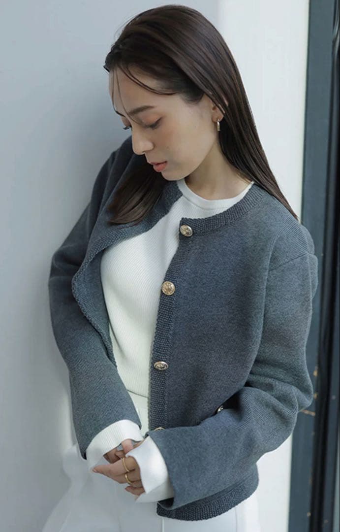 【ゆき☆さま】anuans ノーカラーニットジャケット　グレー