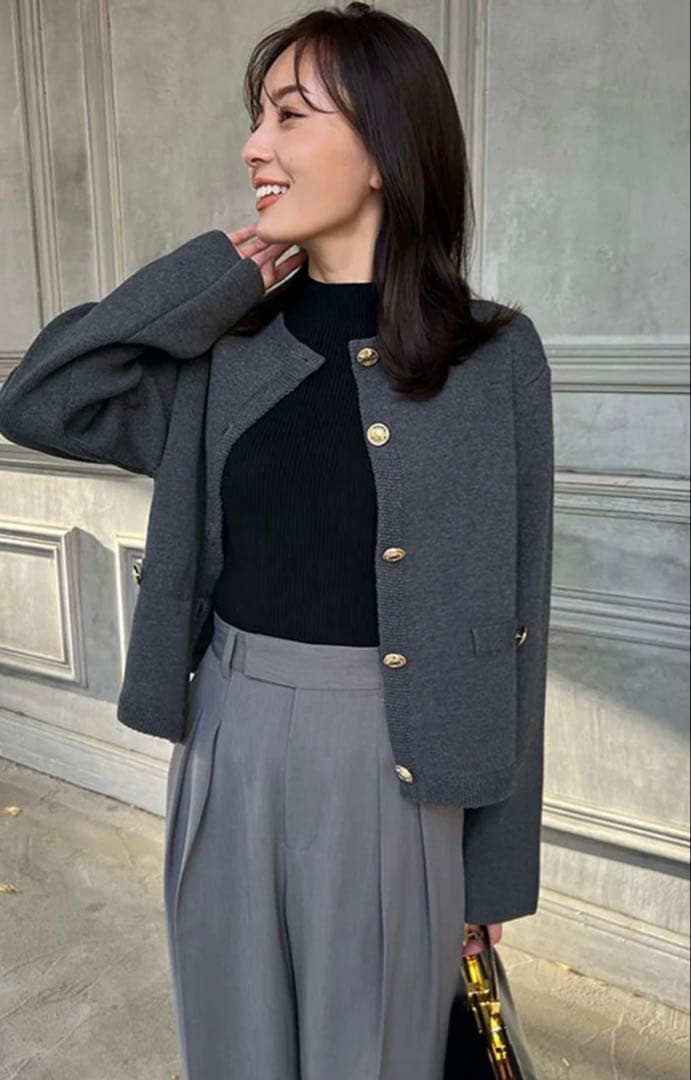 【ゆき☆さま】anuans ノーカラーニットジャケット　グレー