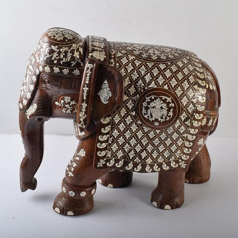 ノブリン　中国　唐木紫壇製獣骨象嵌装飾象置物　重さ約12㎏　V　8059C