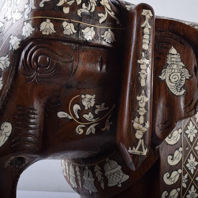 ノブリン　中国　唐木紫壇製獣骨象嵌装飾象置物　重さ約12㎏　V　8059C