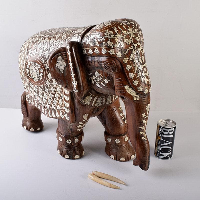 ノブリン　中国　唐木紫壇製獣骨象嵌装飾象置物　重さ約12㎏　V　8059C