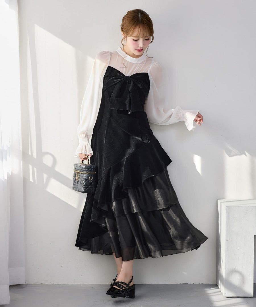 新品 NICE CLAUP オケージョン ベロアリボン異素材ロングワンピース