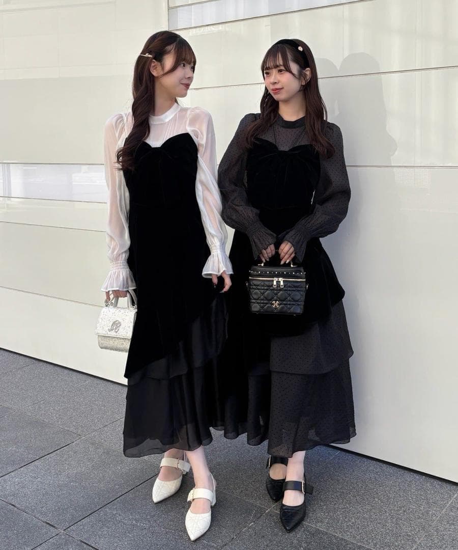 新品 NICE CLAUP オケージョン ベロアリボン異素材ロングワンピース