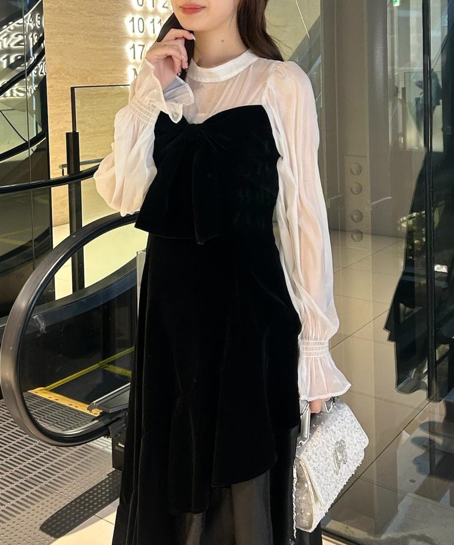 新品 NICE CLAUP オケージョン ベロアリボン異素材ロングワンピース