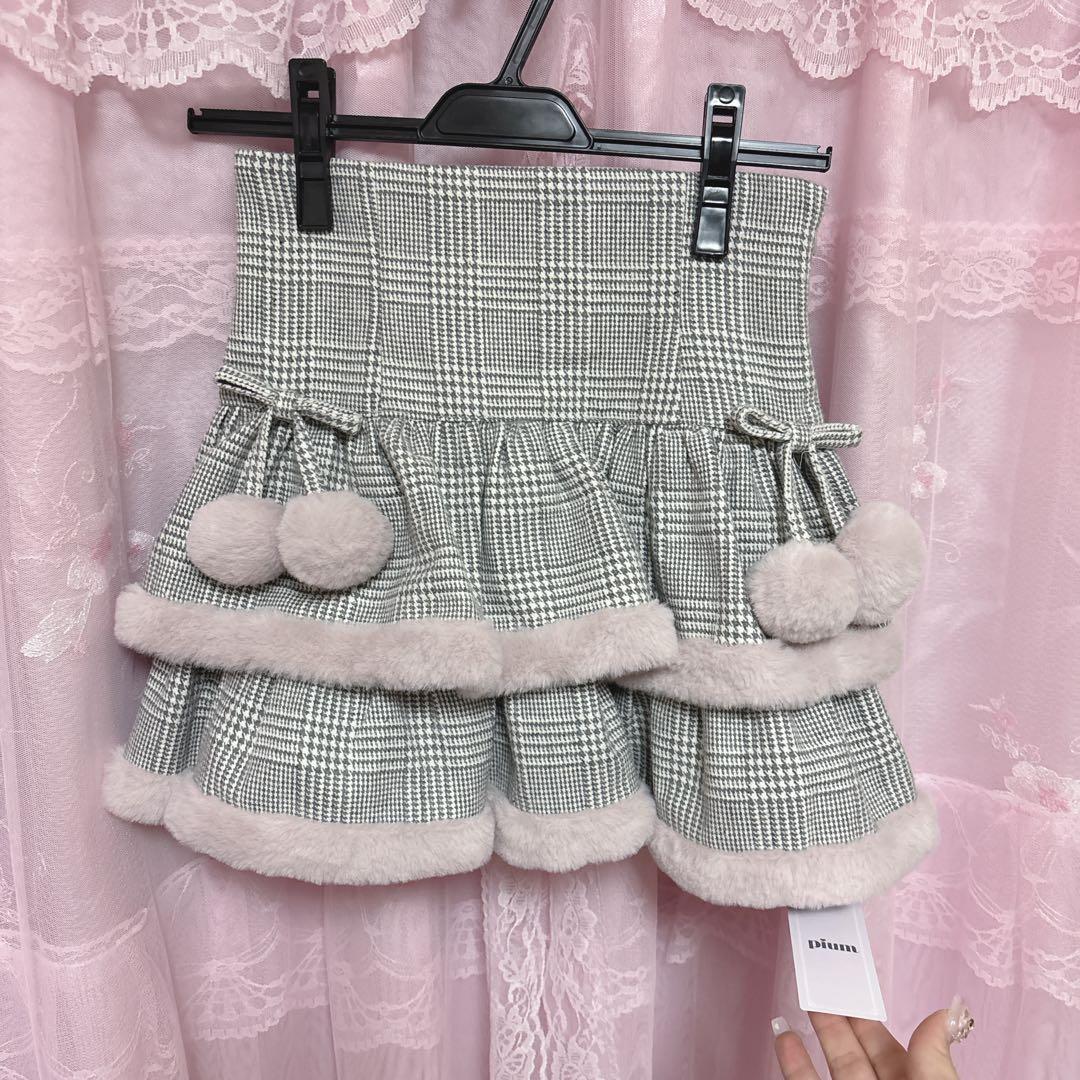 pium ファー付きティアードミニスカート グレーチェック 量産型
