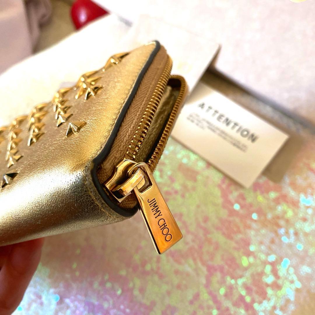 美品　ジミーチュウ　ゴールド長財布ラウンドファスナー　スタースタッズ