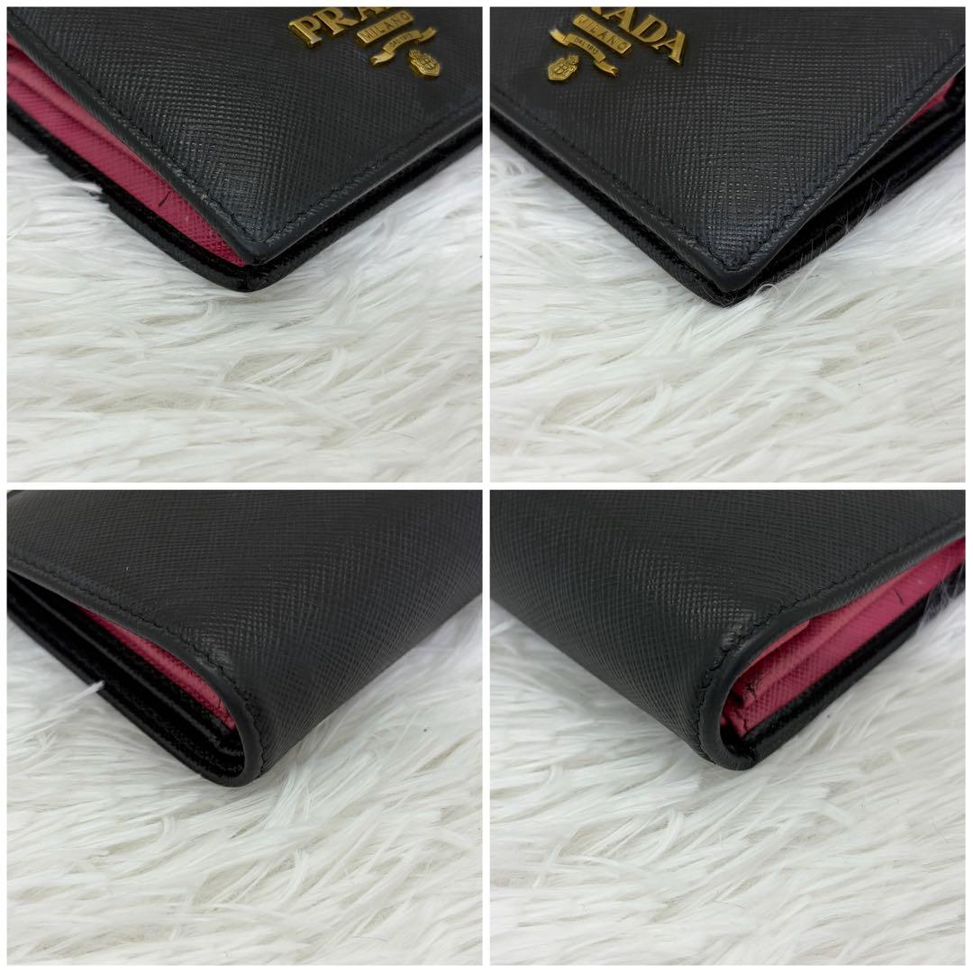 美品✨️プラダ 二つ折り財布 レザー バイカラー　サフィアーノ 黒 ピンク