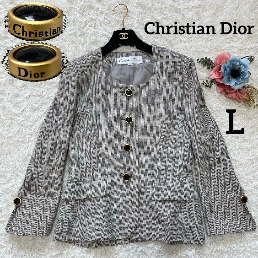 美品✨クリスチャンディオール ノーカラー ツイード ジャケット L ロゴボタン