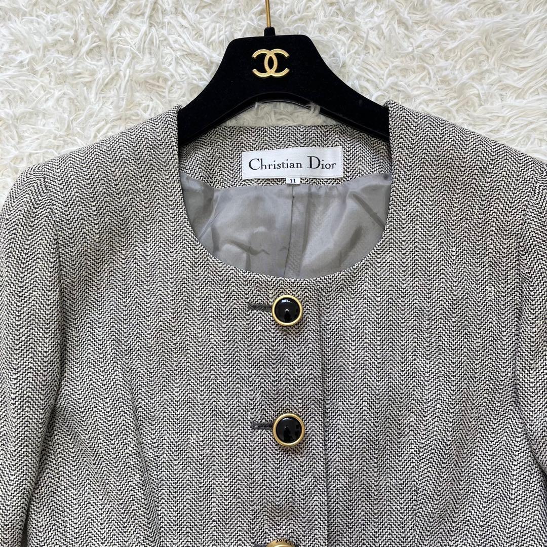 美品✨クリスチャンディオール ノーカラー ツイード ジャケット L ロゴボタン
