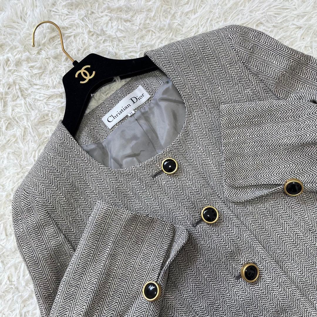 美品✨クリスチャンディオール ノーカラー ツイード ジャケット L ロゴボタン