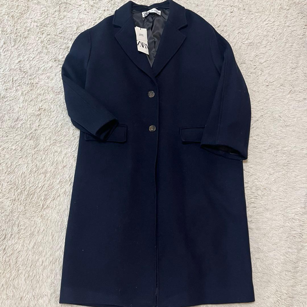 お値下げZARA 　ウールブレンドオーバーコート　ネイビーブルー　M L
