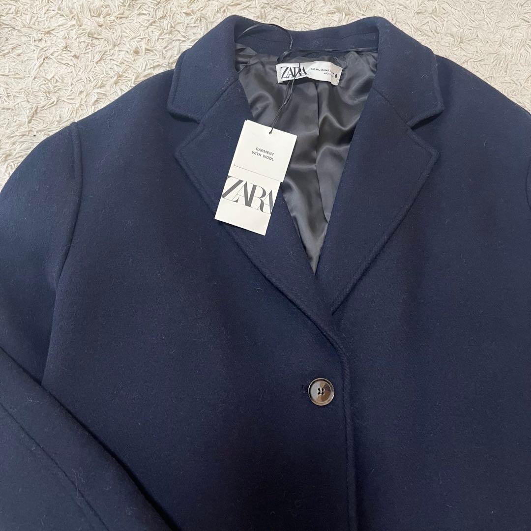 お値下げZARA 　ウールブレンドオーバーコート　ネイビーブルー　M L