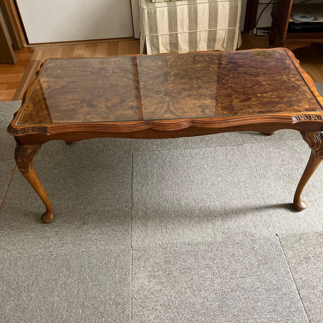 アンティークウォールナット材クラシック木製ガラス天板付き　コーヒーテーブル